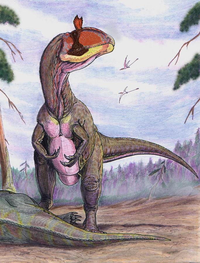 Reconstruction of Cryolophosaurus ellioti in its habitat, with conifer forests and pterosaurs flying overhead