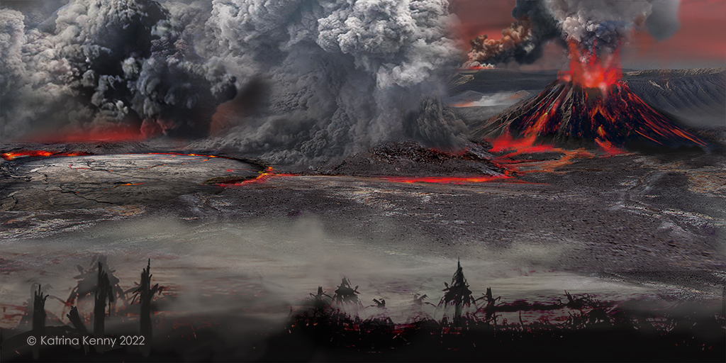Environmental reconstruction of the Siberian Traps eruptions (~252 Ma): erupting volcanoes, lava flows and vegetation destruction. Illustration: Katrina Kenny, 2022