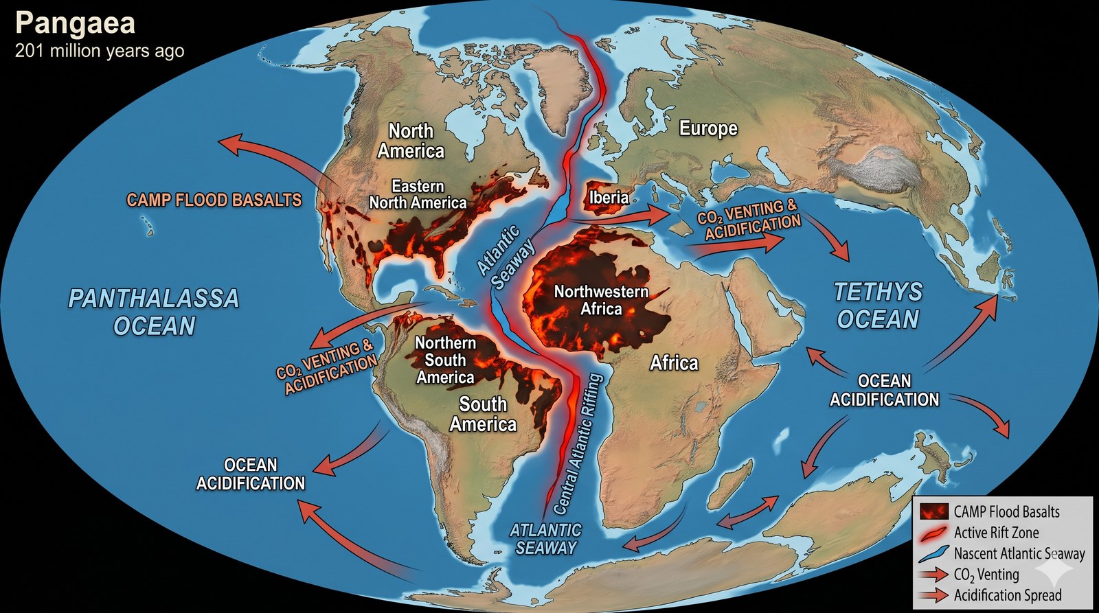 Reconstruction of the CAMP basalt flows during the opening of the North Atlantic Ocean. Successive eruptive pulses injected enormous volumes of CO₂ into the atmosphere, causing ocean acidification, anoxia and the extinction that marked the end of the Triassic, clearing the path for the diversification of dinosaurs.