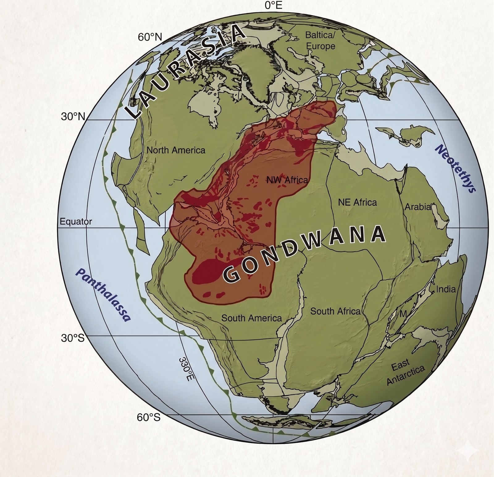 Distribution of the Central Atlantic Magmatic Province (CAMP) in the context of Pangea, about 201 million years ago. CAMP spanned more than 11 million km² across what is now eastern North America, western Africa, the Iberian Peninsula and northeastern South America, releasing magma and gases during Pangea's breakup.