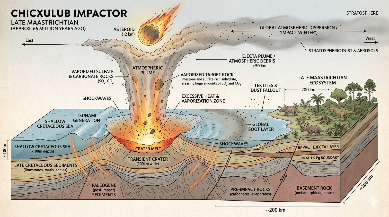Anatomy of the Chicxulub impact: Late Maastrichtian diagram showing the 12 km asteroid entering the atmosphere, the fireball and atmospheric plume with vaporized sulfates, the shockwaves generating tsunamis across the shallow Cretaceous sea, the 100 km wide crater, and the global soot, tektite, and ejecta deposits that mark the K-Pg boundary layer.