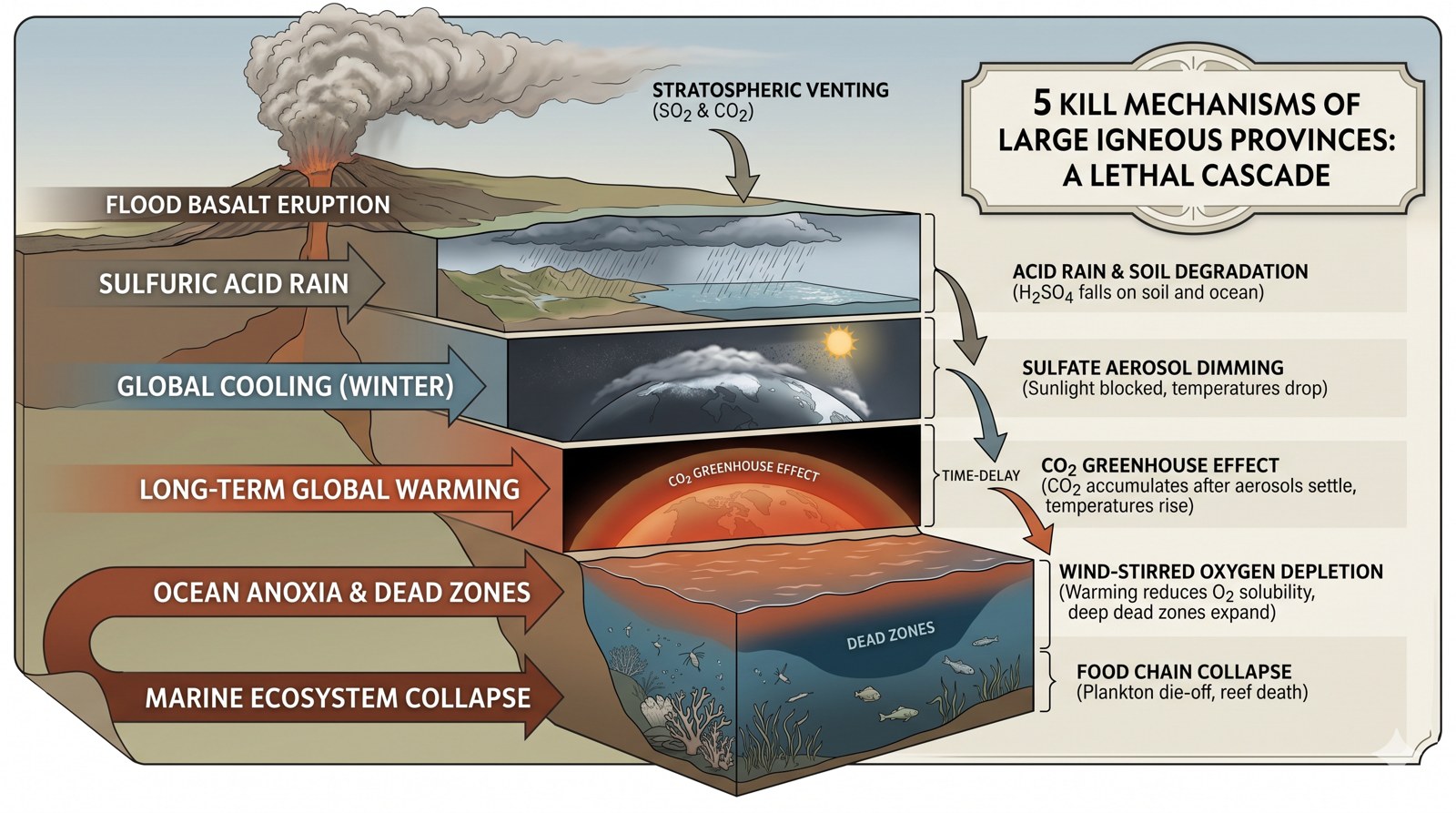 Cascade diagram of the five kill mechanisms of Large Igneous Provinces