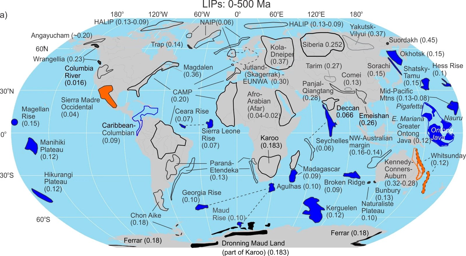 Global distribution of Large Igneous Provinces from the last 500 million years