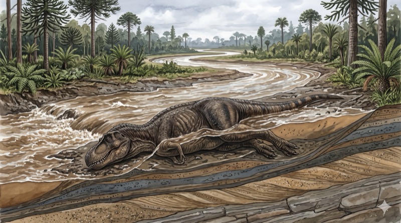 Dead dinosaur at the edge of a river being covered by sediment during a flood