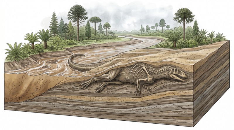Dinosaur carcass buried by mud and sand on a floodplain