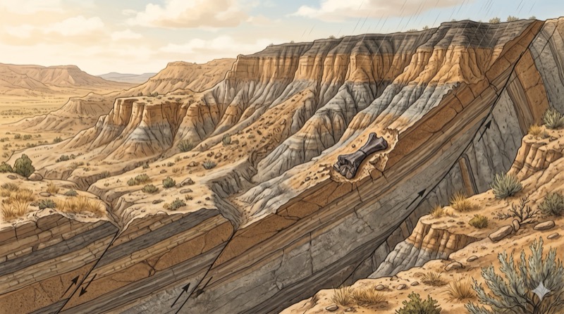 Badlands with sedimentary layers tilted by tectonic forces and a fossil exposed by erosion at the surface