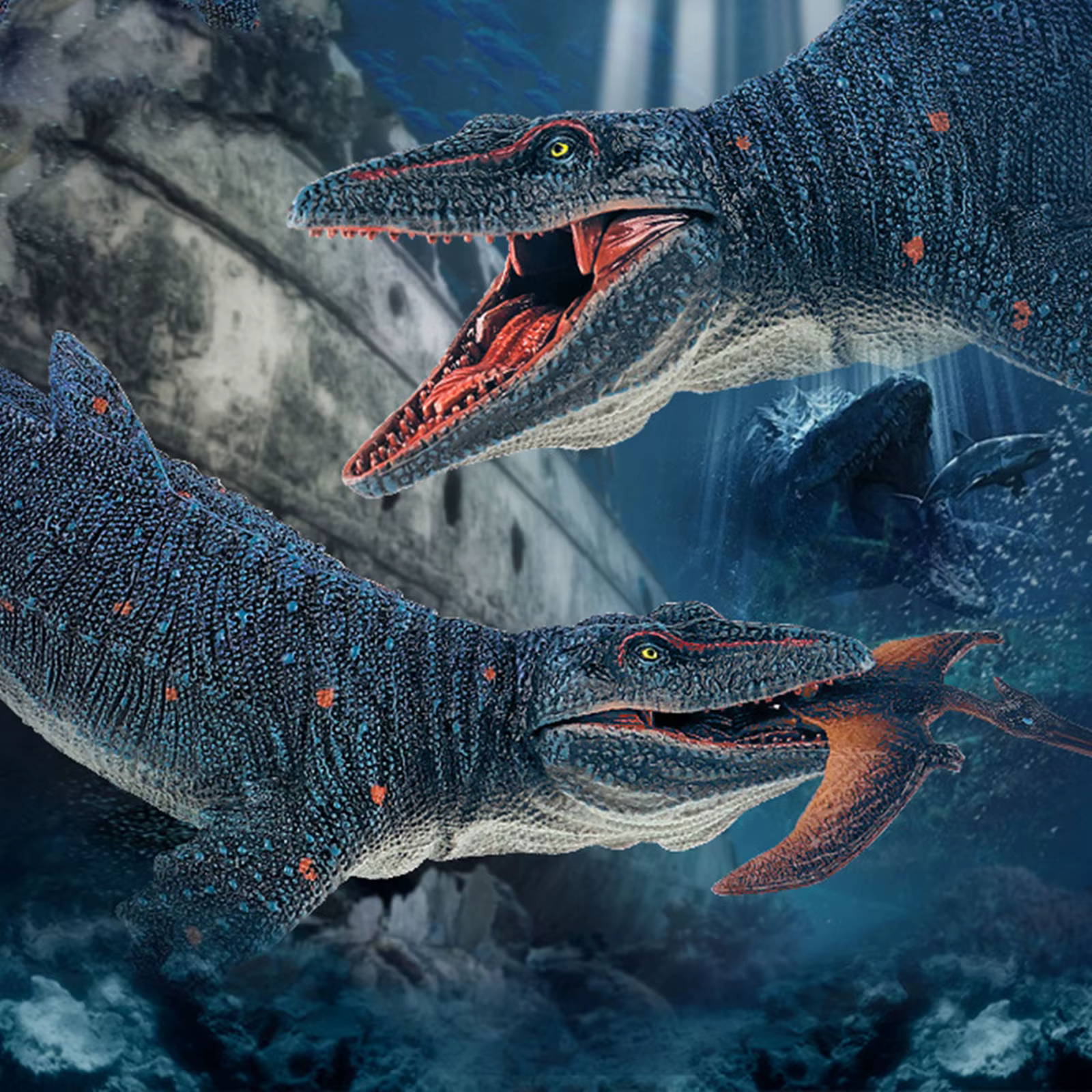Artistic reconstruction of Mosasaurus hunting in the Late Cretaceous ocean.