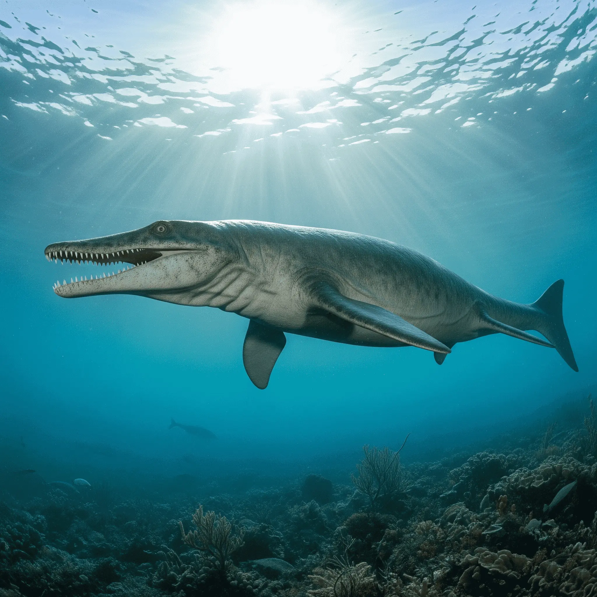 Mosasaur skull on display at the oceanographic museum, the largest mosasaur skull in Latin America.