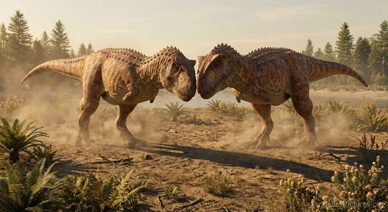 Two Abelisaurus individuals in confrontation, artistic reconstruction of territorial behavior.