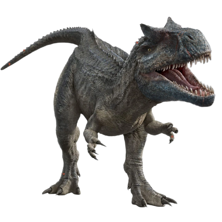 Allosaurus render for Jurassic World: Dominion (2022) — the species appears in combat with the T. rex in a highlighted scene, representing its status as the main predator of the Jurassic.