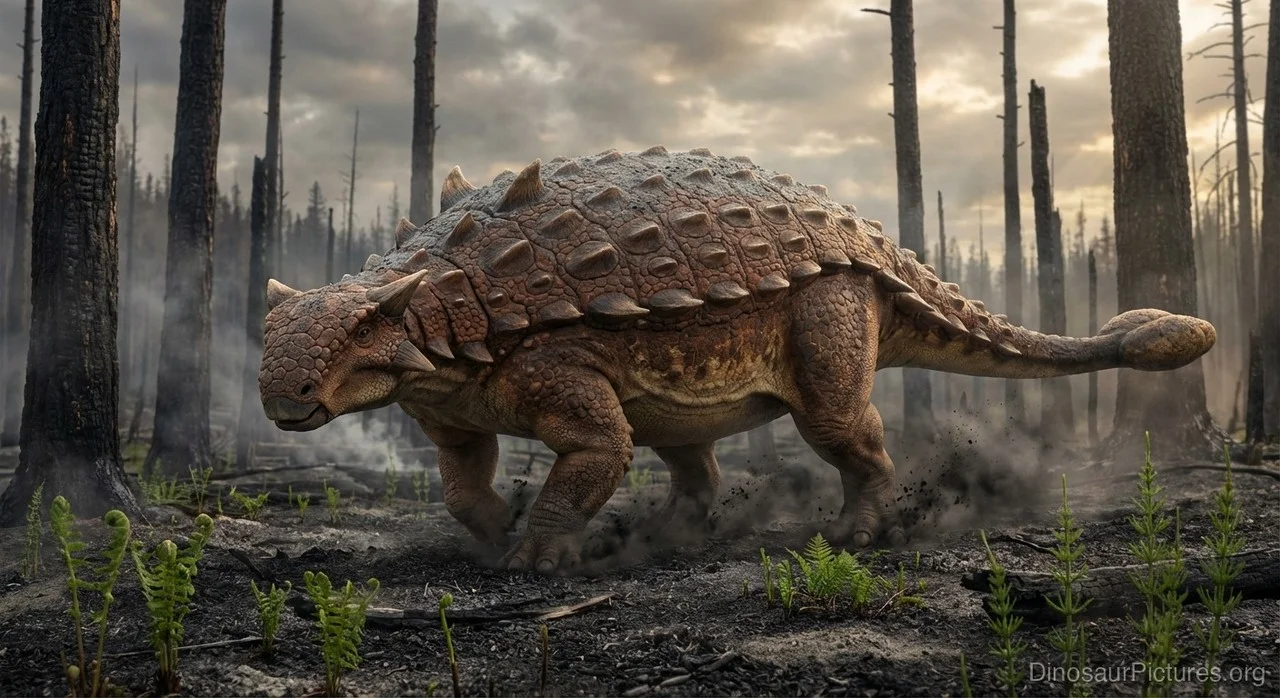 Reconstruction of Ankylosaurus in a Cretaceous forest environment.