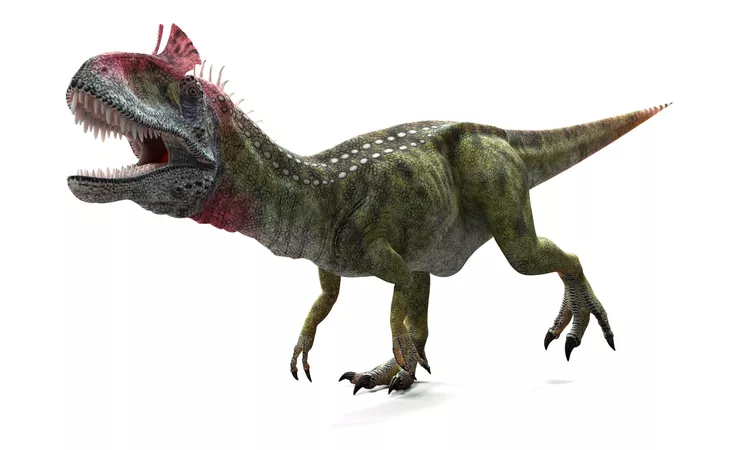 Three-dimensional digital reconstruction of Cryolophosaurus ellioti in lateral view, with the red transverse crest over the lacrimal bones clearly highlighted.