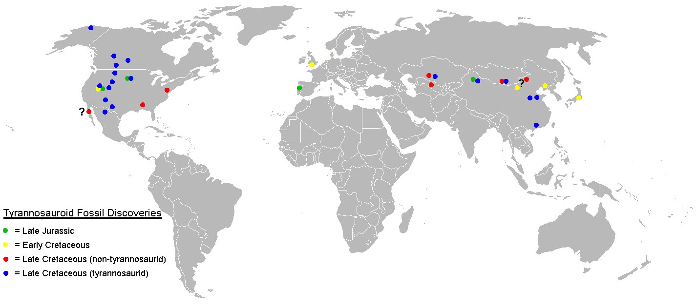 Map of tyrannosauroid fossil localities, showing the geographic distribution of the Canadian specimens studied by Russell (1970) in the Cretaceous of western Canada.