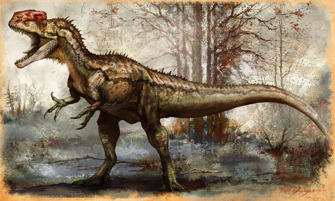 Artistic reconstruction of Monolophosaurus jiangi in natural Middle Jurassic Chinese habitat.