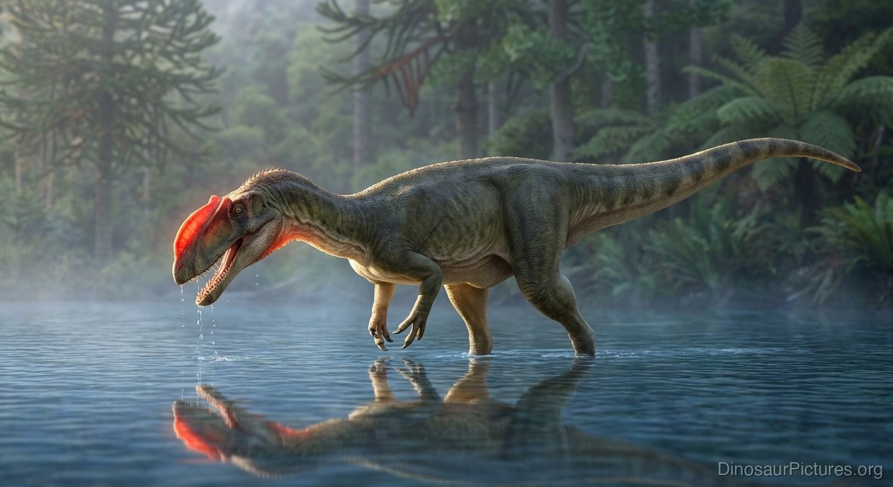 Monolophosaurus jiangi in aquatic environment, modern digital reconstruction of the Jurassic predator.