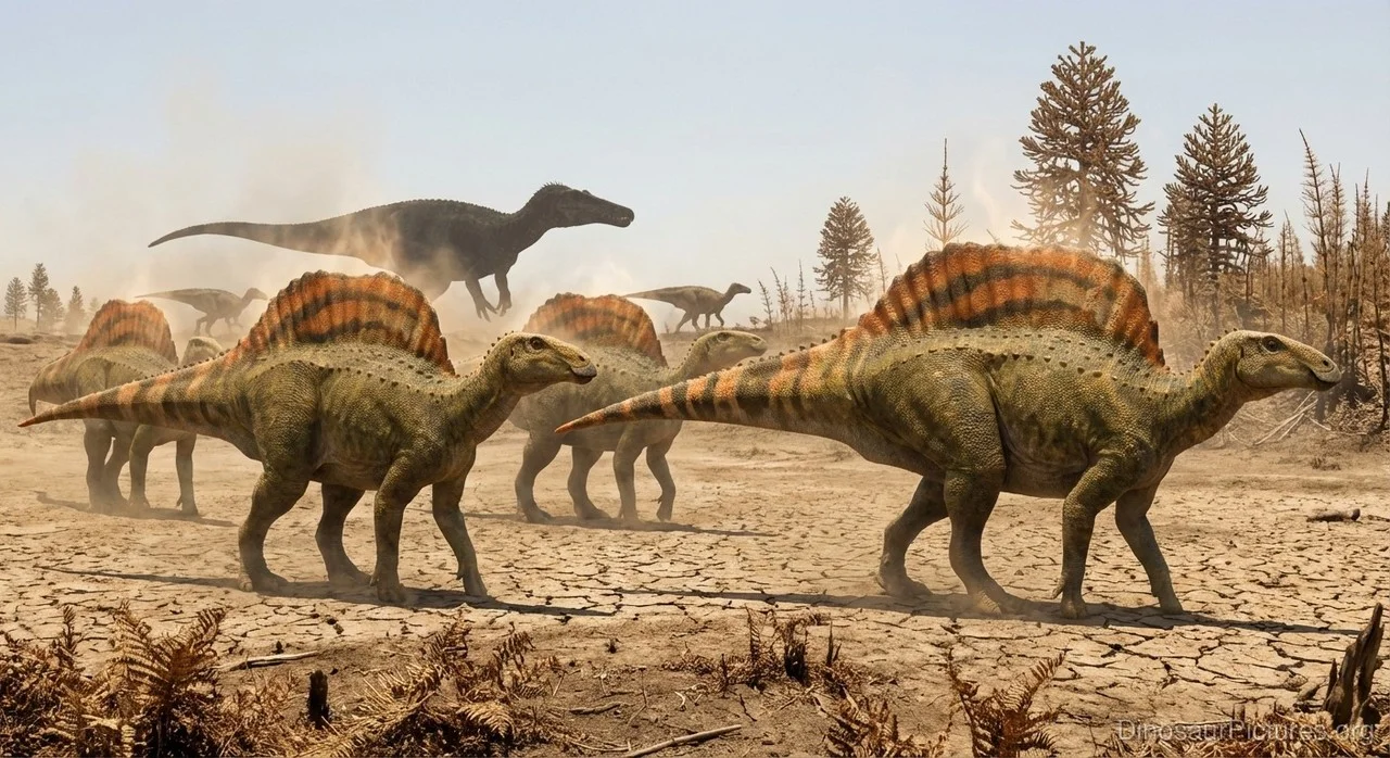 Herd of Ouranosaurus nigeriensis in an arid Cretaceous environment, with a predatory theropod in the background. The striped dorsal sail may have served for thermoregulation and display.