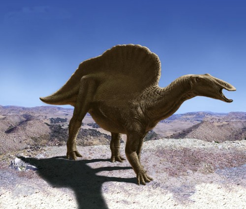 Digital reconstruction of Ouranosaurus nigeriensis in a desert landscape, showing the prominent dorsal sail supported by elongated neural spines.
