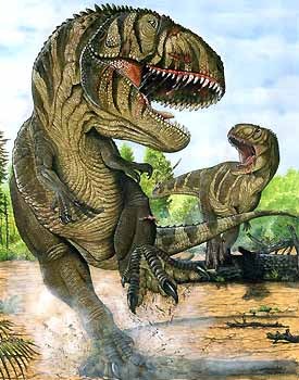 Two Pycnonemosaurus nevesi individuals in agonistic behavior, dynamic reconstruction of the Brazilian abelisaurid.