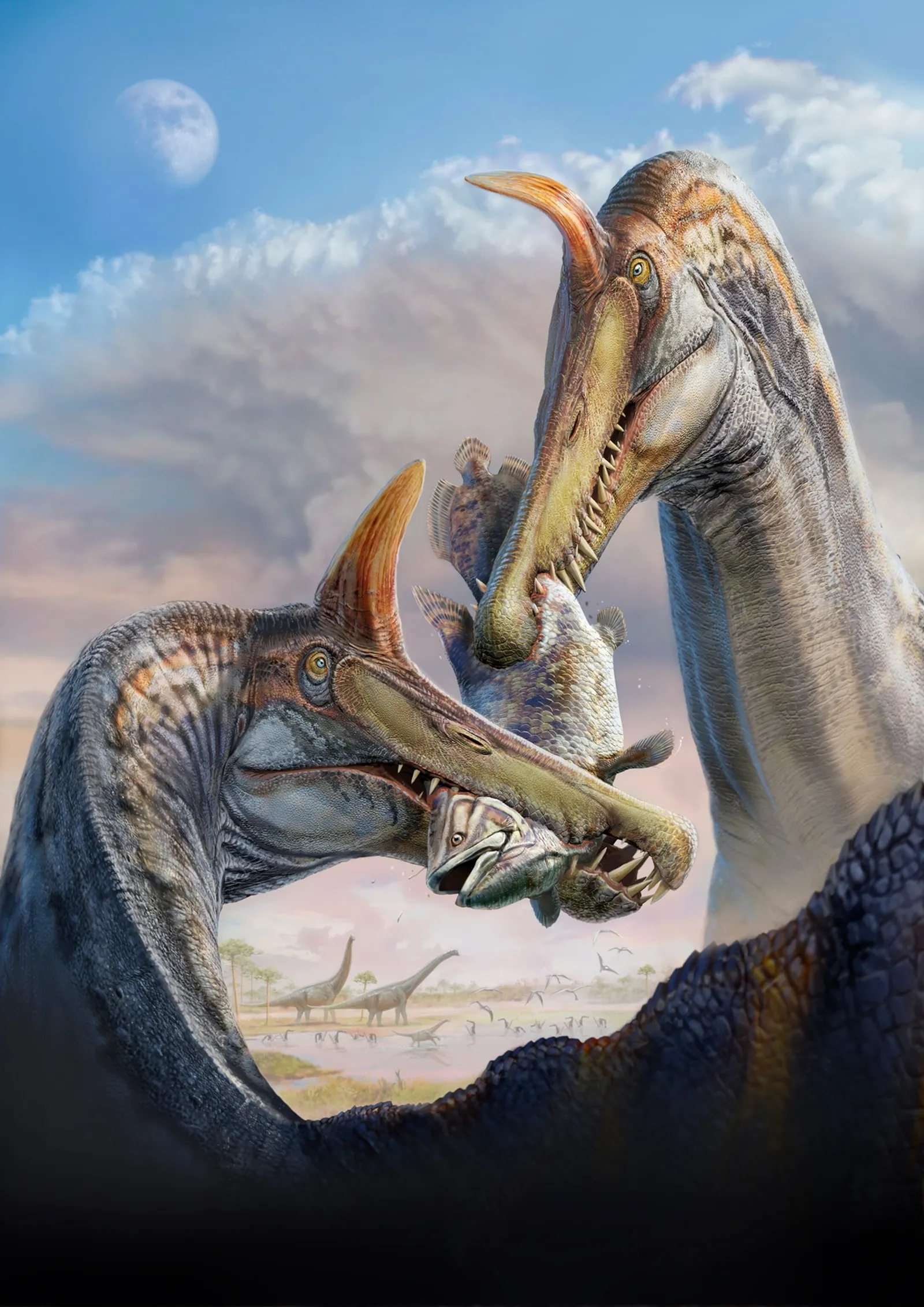 Spinosaurus catching a coelacanth, representing its piscivorous habit in the Cretaceous rivers of North Africa.