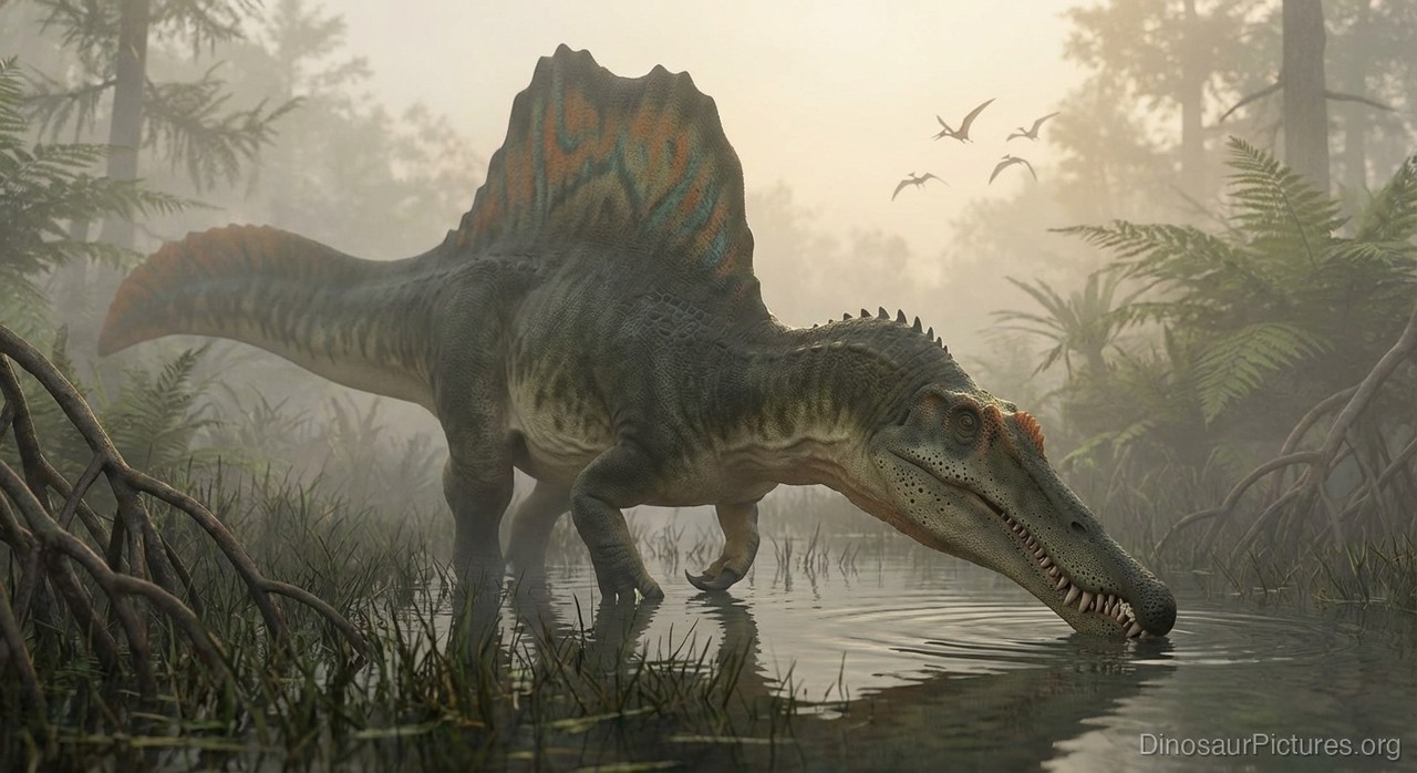 Spinosaurus in digital reconstruction showing updated body proportions with short hind limbs and paddle-shaped tail.