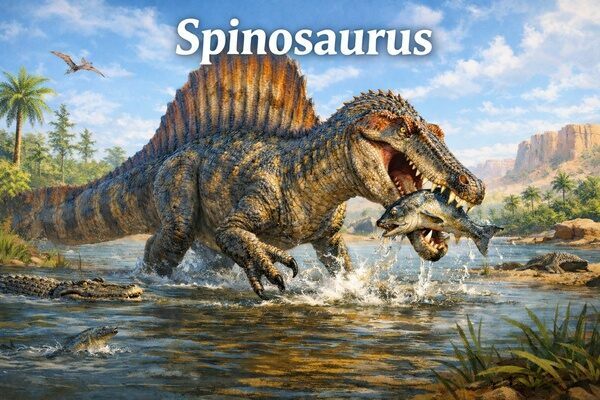 Artistic reconstruction of Spinosaurus aegyptiacus in its Cretaceous river environment of North Africa.