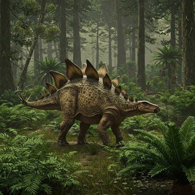 Life-size model of Stegosaurus — the tail spines (thagomizer) were an effective defensive weapon: Allosaurus bite marks with embedded Stegosaurus spines have been documented in fóssils.