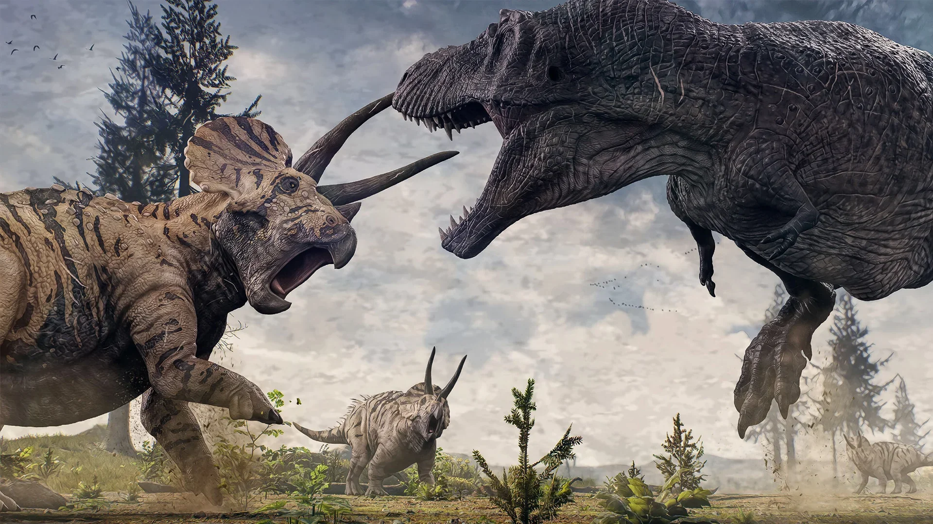 T-rex confronting a Triceratops — predation/defense scene reconstructed based on fóssil evidence of bite marks on Triceratops bones.