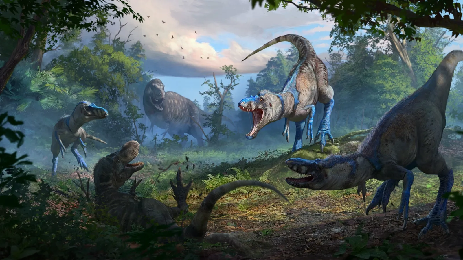 Artistic reconstruction of juvenile tyrannosaurids in a forest environment. Recent studies suggest T-rex juveniles may have had a visually distinct appearance from adults.