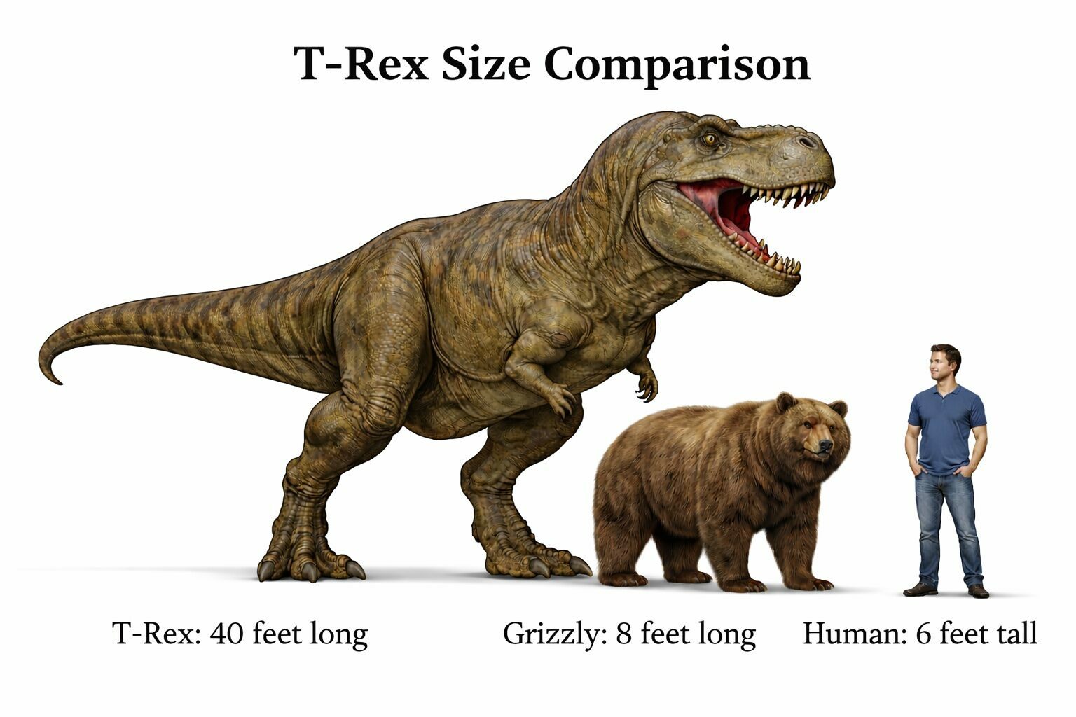 Size comparison: T-rex (12 m / 40 ft) alongside a grizzly bear (8 ft) and an adult human (6 ft). T-rex weighed over 8 tonnes.