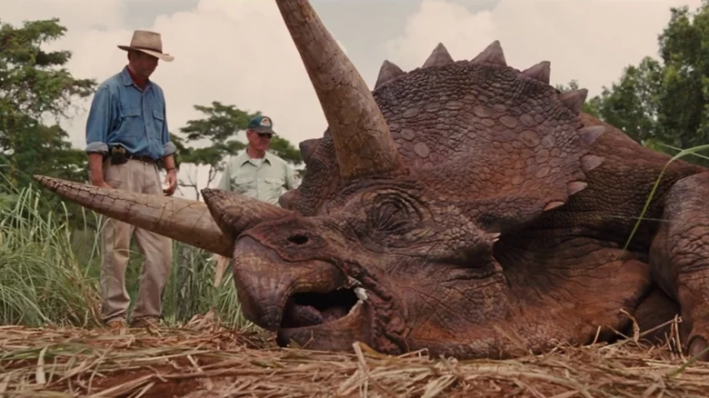 Close-up artistic reconstruction of Triceratops — histological evidence shows that the horns grew throughout the animal's life, changing shape: curved downward in juveniles, growing upward and forward in adults.
