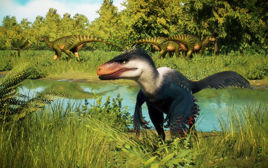 Utahraptor hunting reconstruction — evidence of group behavior has been documented at a Utah site with multiple individuals of different sizes trapped in quicksand alongside prey, suggesting cooperative hunting.